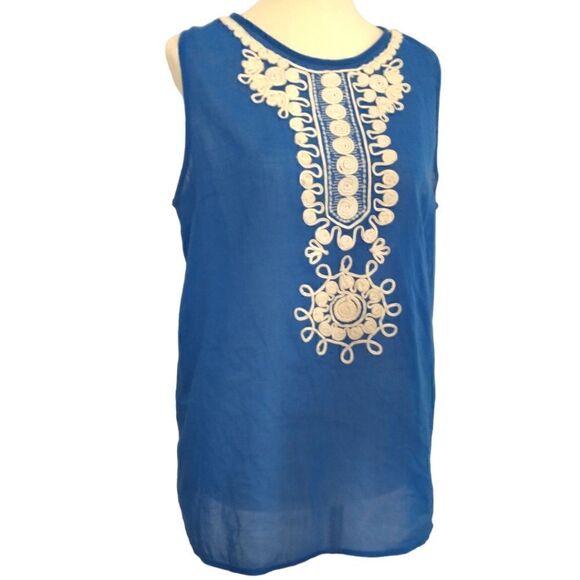 Banana Republic Top Sz 8 Gauzy Sheer Cotton Embroidery Sleeveless Zipper Blue. - Picture 10 of 16